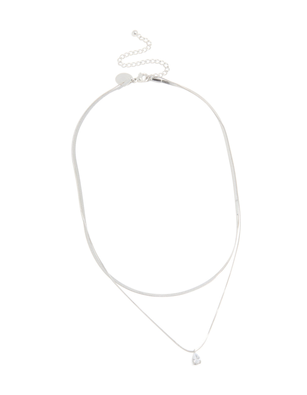 Explore this waterproof stainless steel cubic zirconia and chain pendant layered necklace featuring crystal in silver front view