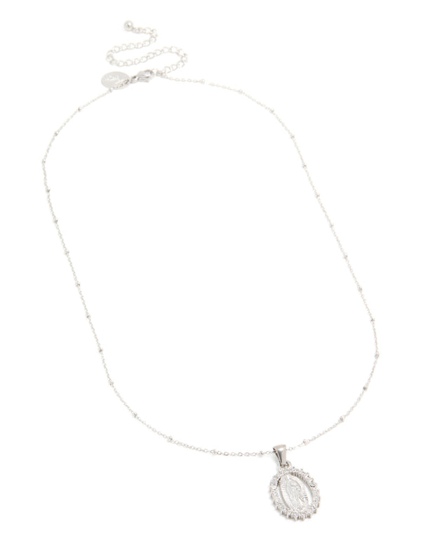 Featuring a waterproof stainless steel lady figure pendant necklace with angel charm, balls, beads in silver front view