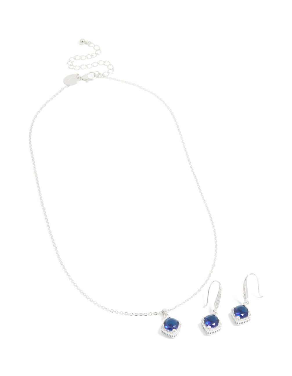 Silver Sapphire Cubic Zirconia Square Cushion Earrings & Necklace Set