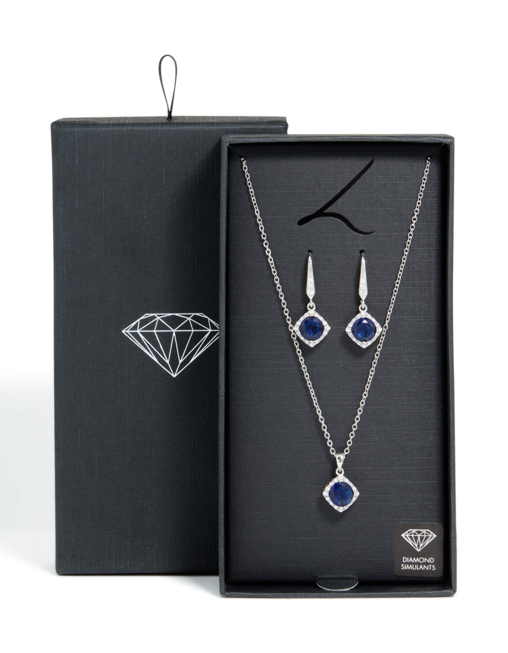 Silver Sapphire Cubic Zirconia Square Cushion Earrings & Necklace Set
