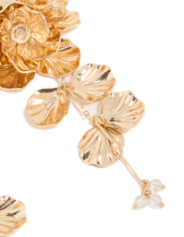 Gold Long Floral Drop Earrings