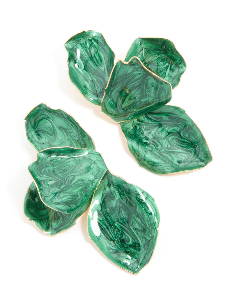 Featuring emerald green coated metal half flower petal drop earrings with statement styling front view