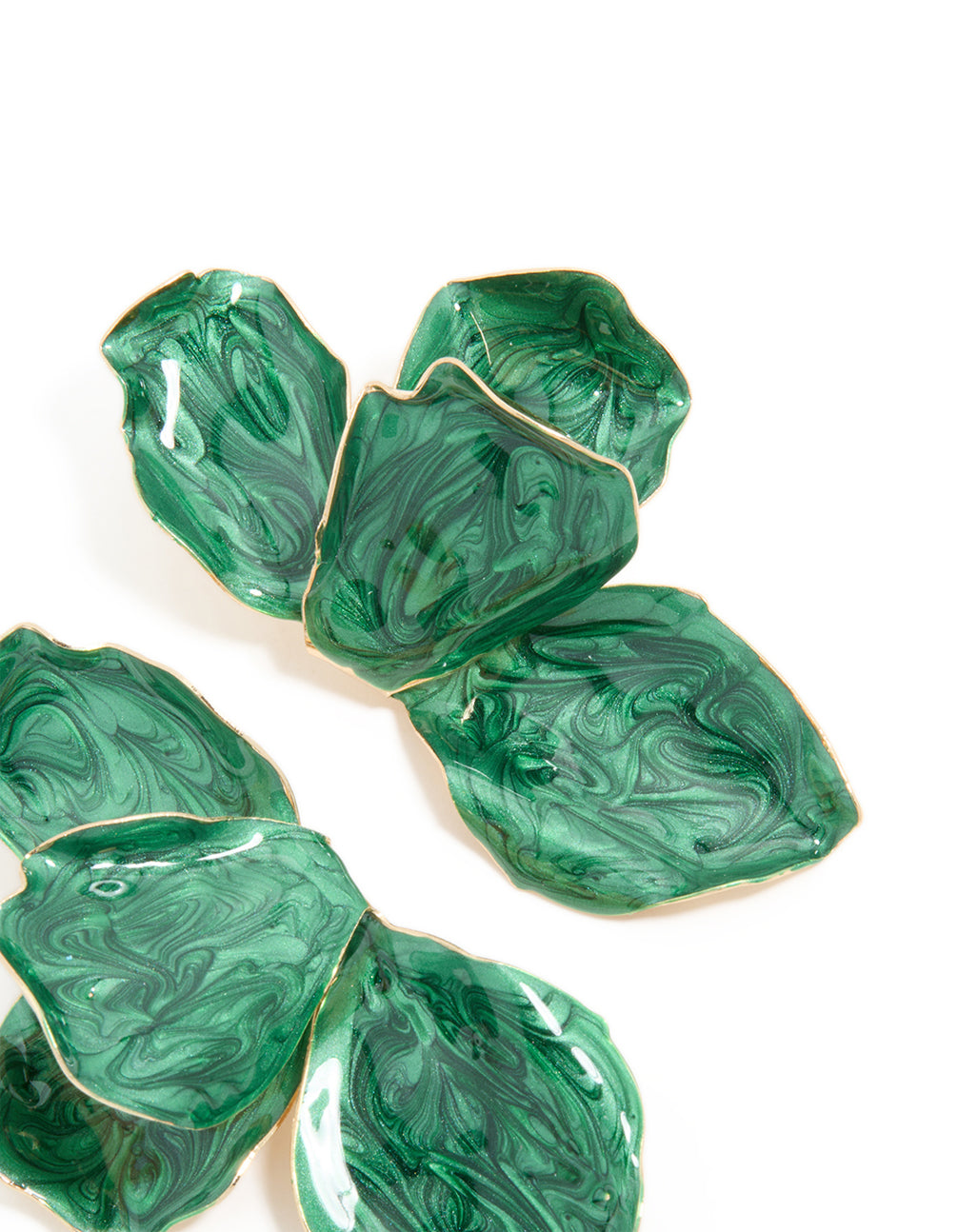 Presenting emerald green coated metal half flower petal drop earrings in statement design with gold edging post detail view