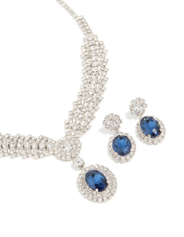 Silver Blue Diamante V-Shaped Pendant Necklace & Earrings Set