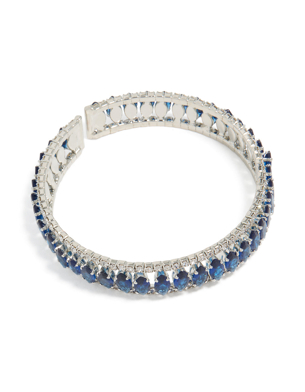 Crafted from silver with mini blue diamantes, this wrist cuff bangle displays its full structure in front view