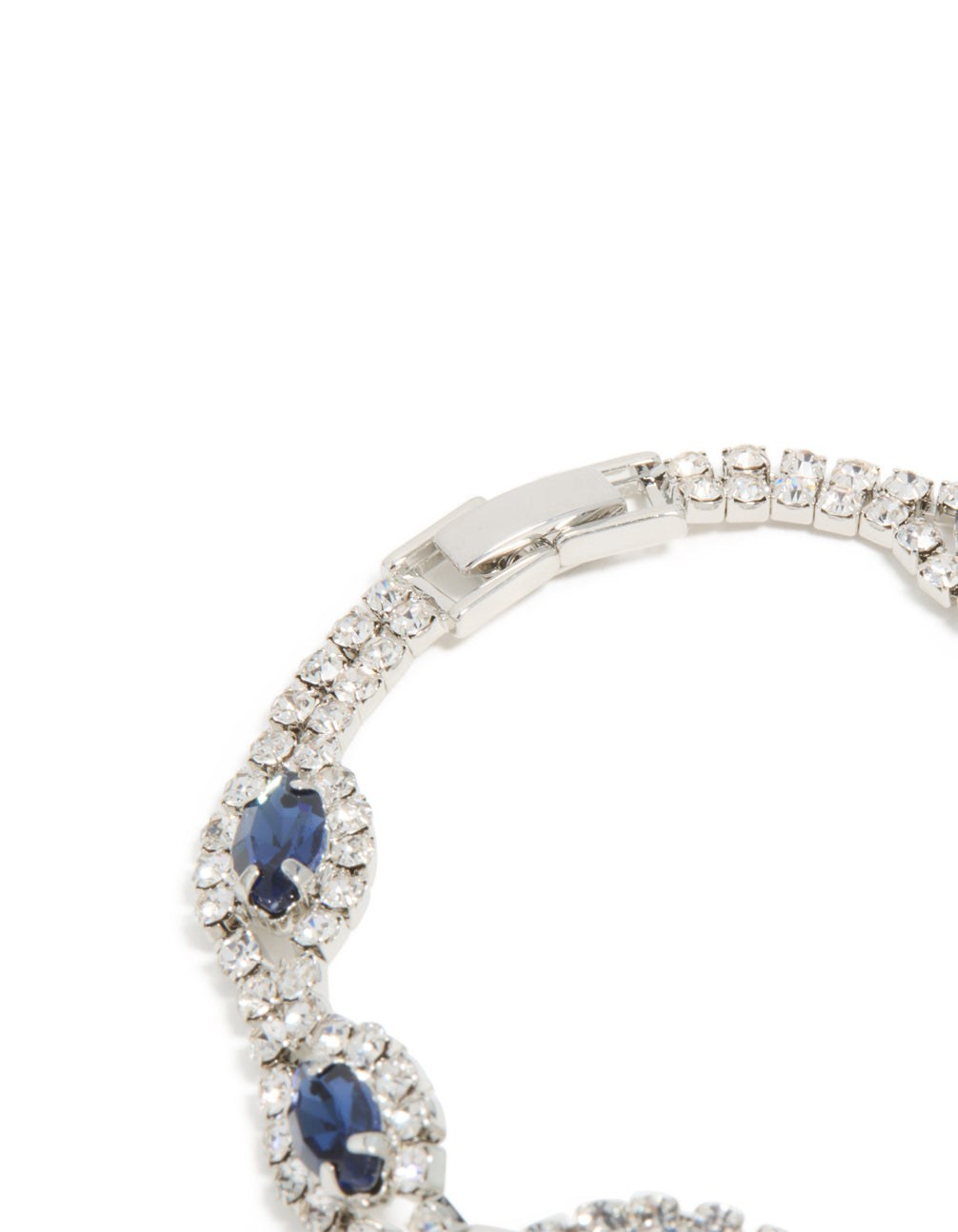 Featuring silver with blue diamante bracelet and shiny pear cut stones in closure detail view