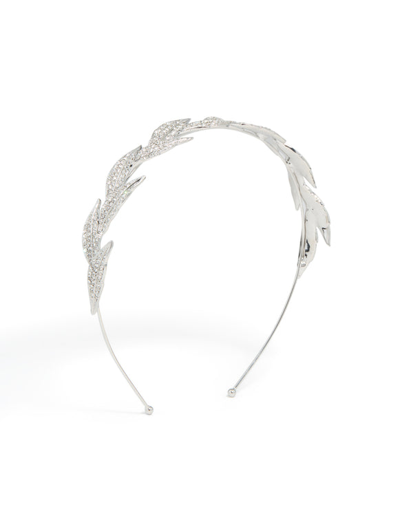 Introducing a diamante leaves headband featuring leaf motifs with silver accents at the front view