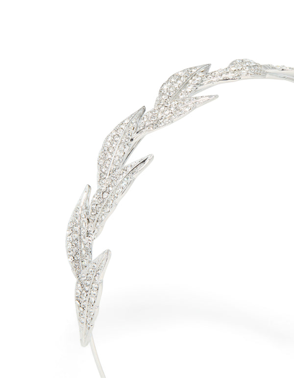 Showcasing a diamante leaves headband with leaf motifs and glitter accents in silver detail view