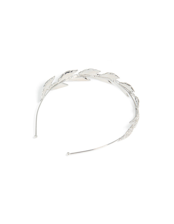 Discover a diamante leaves headband featuring leaf motifs with glitter accents in silver side view