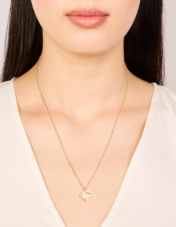 Gold Plated Cubic Zirconia & Pearl Letter M Necklace