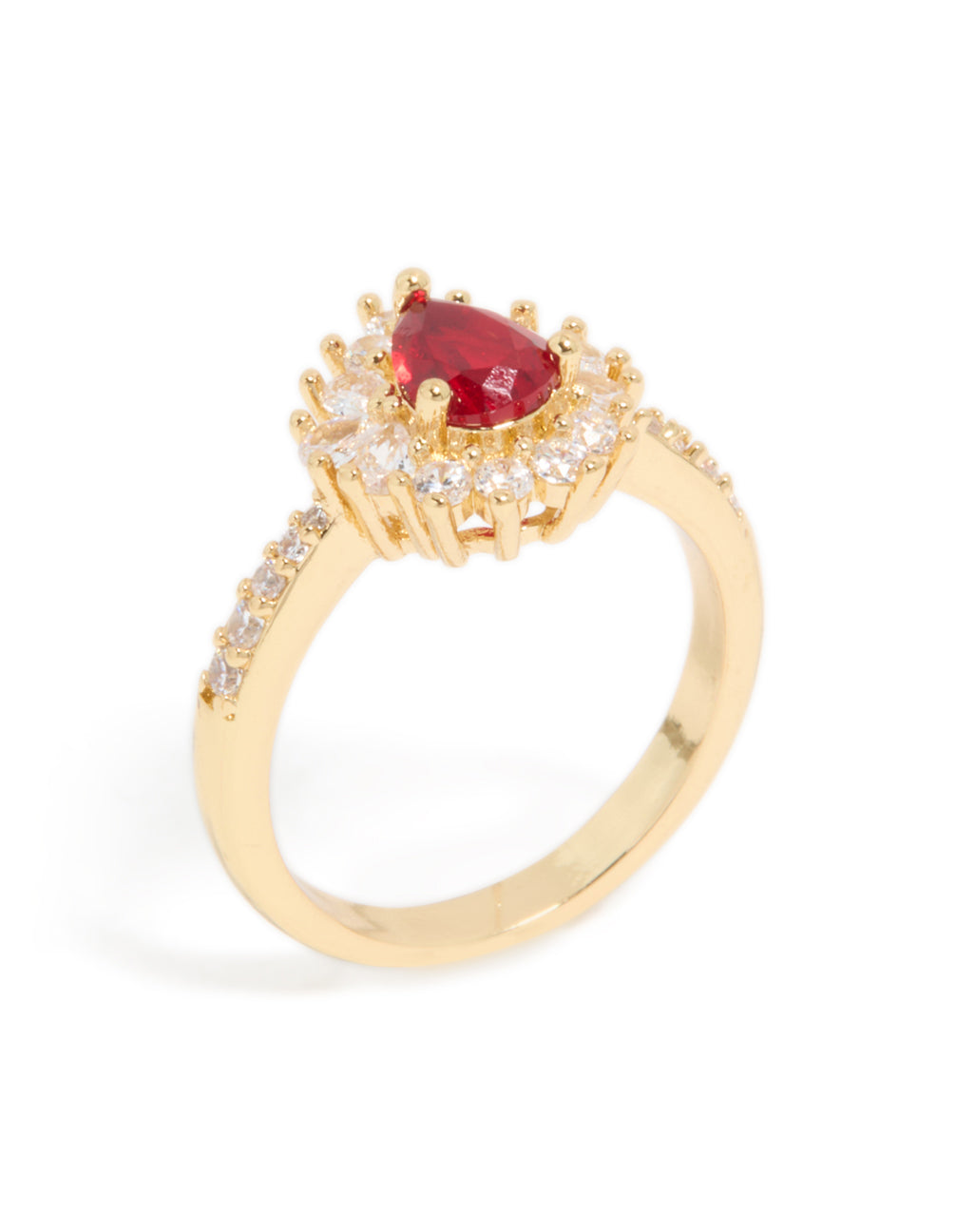 This gold plated gleaming red cubic zirconia ring showcases pear stone cut with statement design in side detail view
