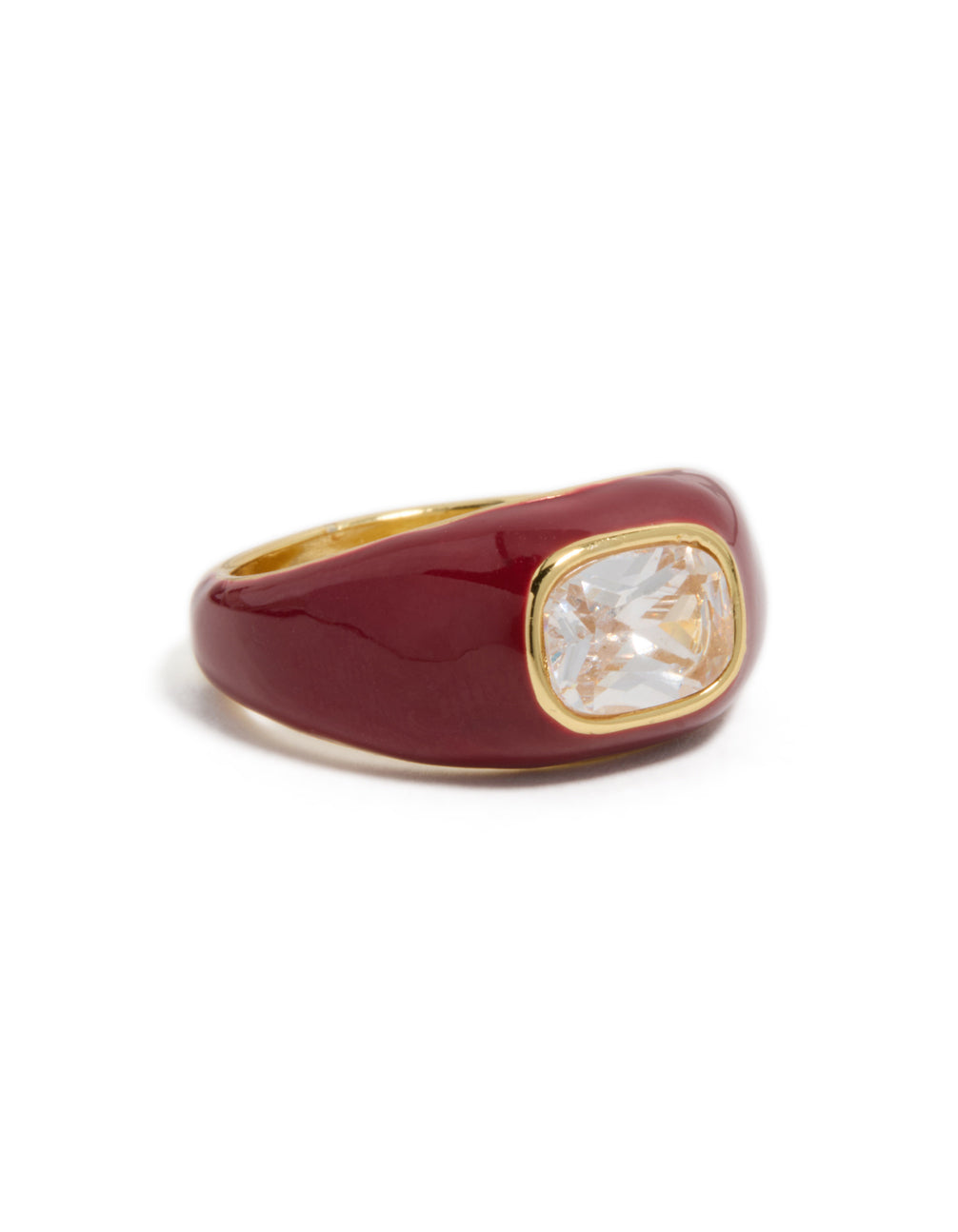 Showcasing a waterproof red enamel statement ring with stainless steel construction and cushion-cut cubic zirconia front view