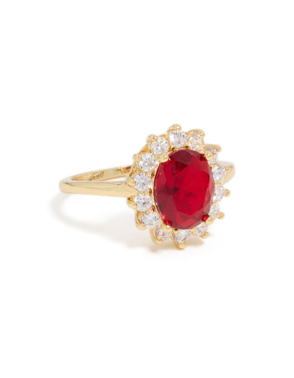 Beautifully crafted gold plated oval red cubic zirconia ring with halo design and statement style front view