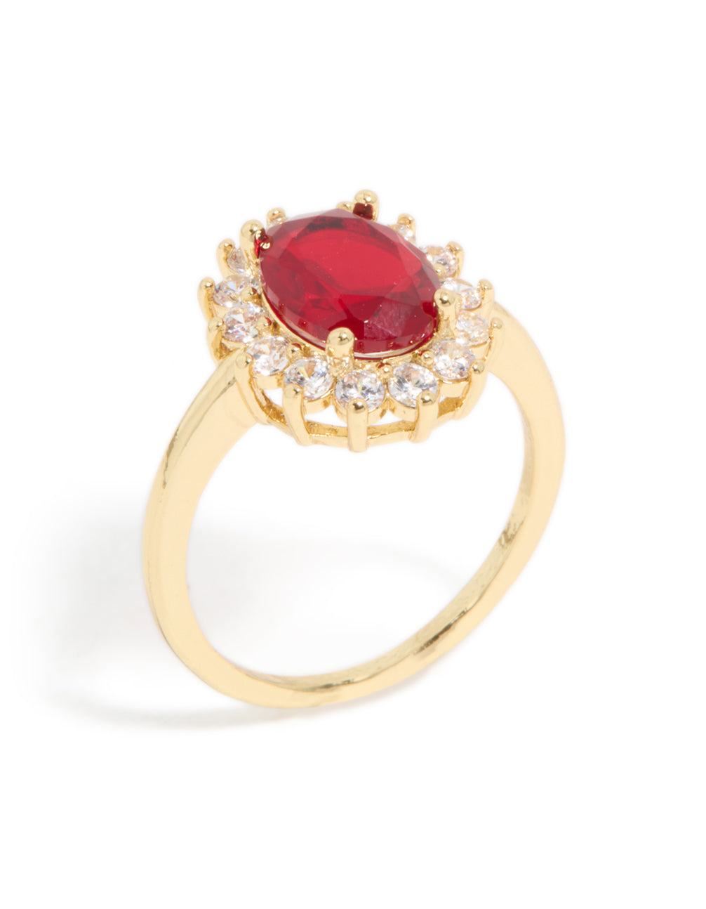 Expertly designed gold plated oval red cubic zirconia ring featuring halo and statement styling side detail view