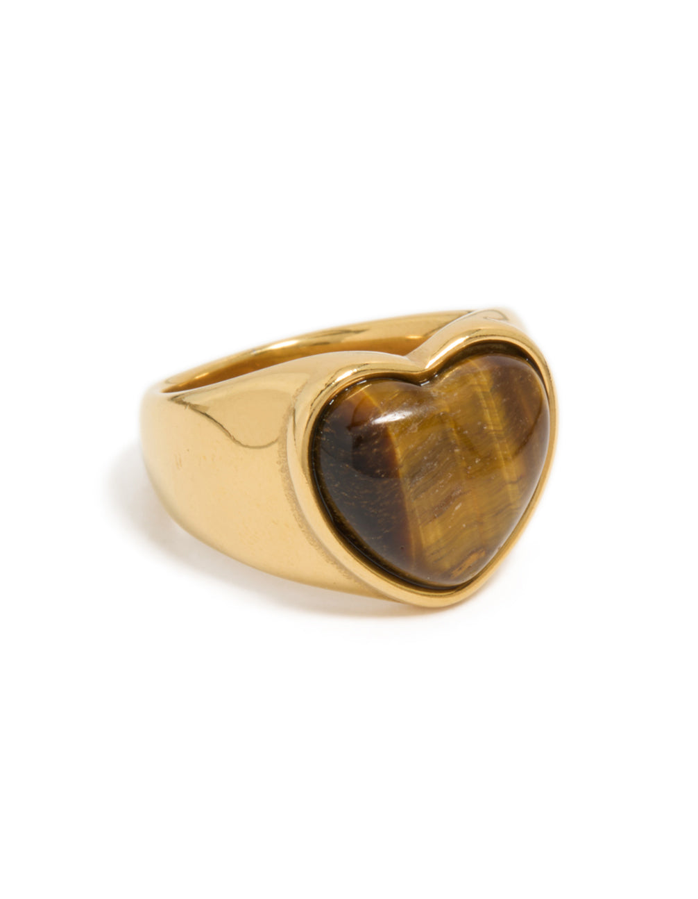 Showcasing a heart tiger's eye stone ring crafted from waterproof gold plated stainless steel with statement style front view