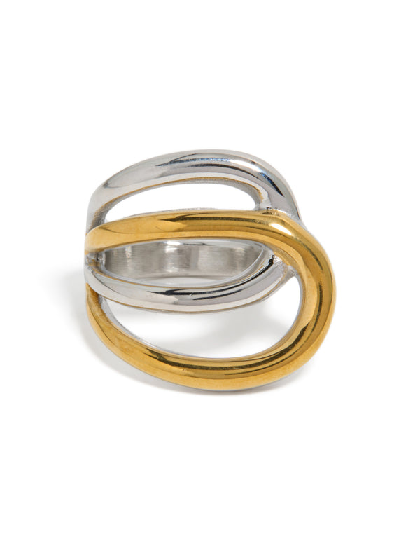 Highlighting a waterproof mixed metal plated stainless steel large double loop ring with statement chunky design in gold and silver close up view