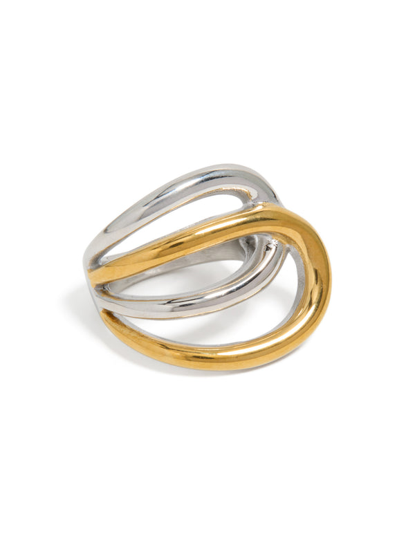 Showcasing a waterproof mixed metal plated stainless steel large double loop ring featuring statement chunky design in gold and silver front view