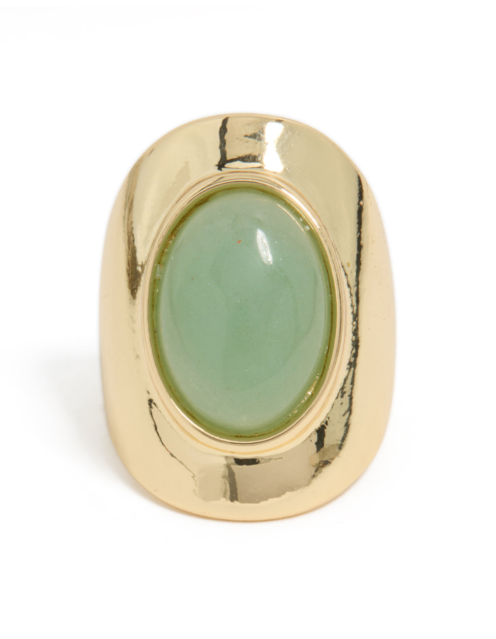 Featuring a gold plated band with oval pale green semi precious stone close up view