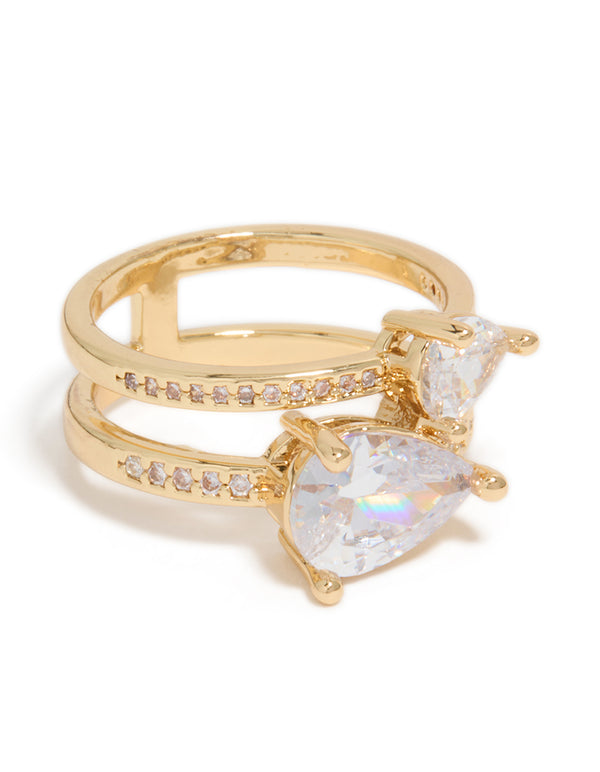 Showcasing a gold plated double cubic zirconia split ring front view