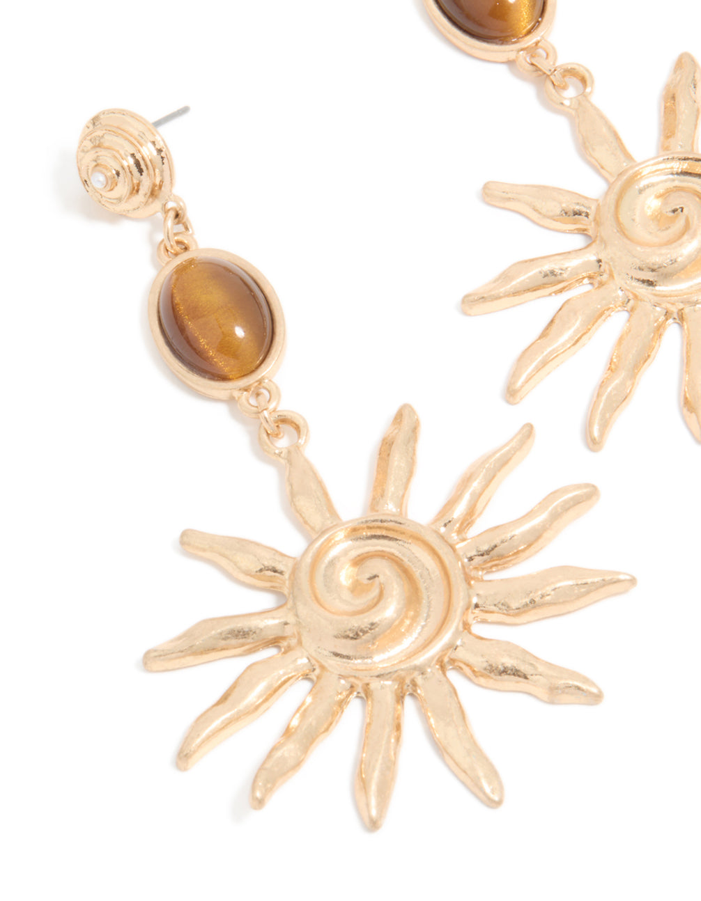 Gold Brown Stone & Large Swirly Sun Drop Earrings