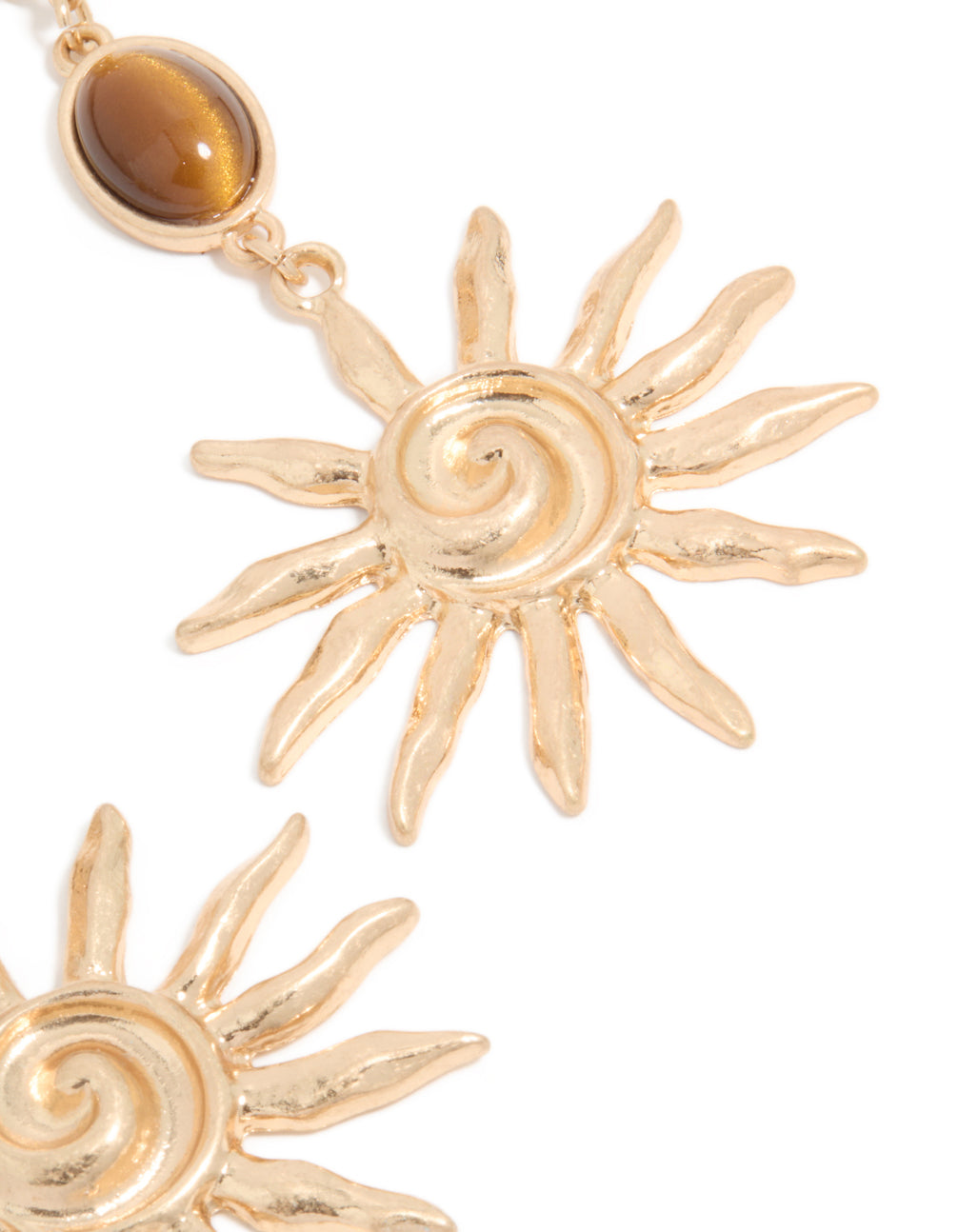 Gold Brown Stone & Large Swirly Sun Drop Earrings