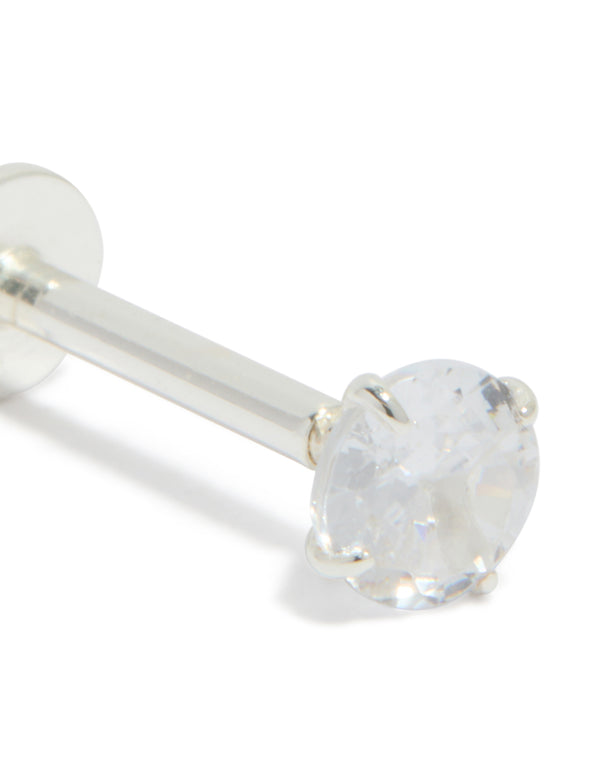 Crafted from sterling silver round cubic zirconia single flat back stud earrings with crystal close up view