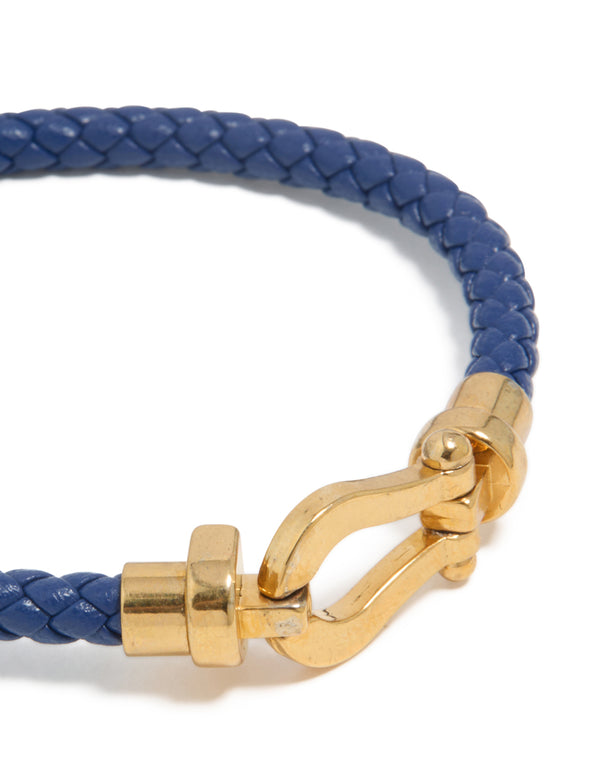 Featuring waterproof gold plated stainless steel blue PU leather braided chunky link bracelet with royal blue closure detail view