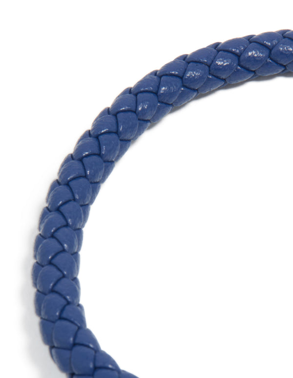 Highlighting waterproof gold plated stainless steel blue PU leather braided chunky link bracelet in royal blue close up view