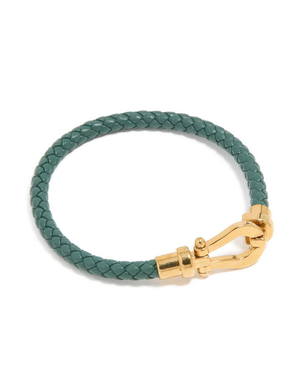Crafted from waterproof gold plated stainless steel, this turquoise PU leather braided chunky bracelet front view