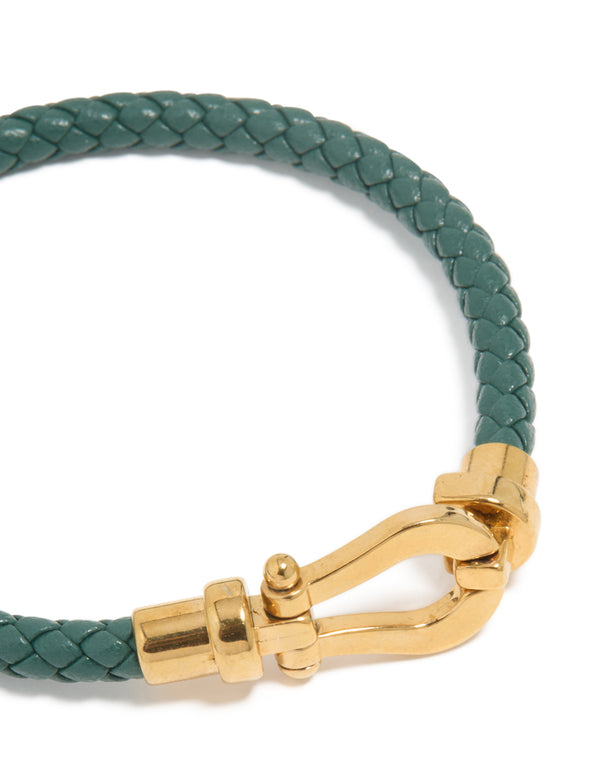 Designed with waterproof gold plated stainless steel and turquoise PU leather braided chunky bracelet closure detail view