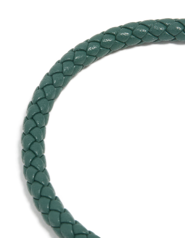 Highlighting the waterproof gold plated stainless steel turquoise PU leather braided chunky bracelet close up view