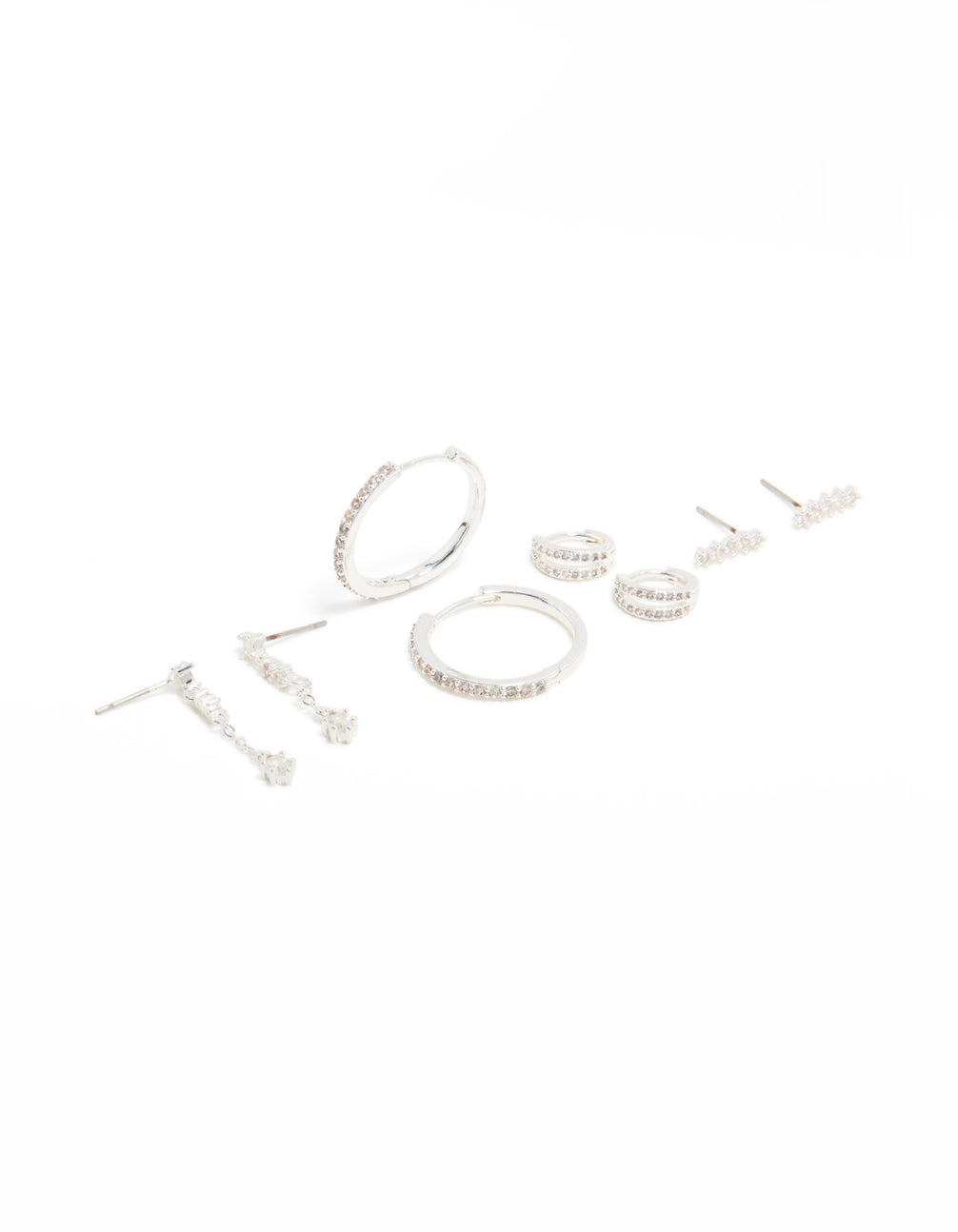 Showcasing large charm hoop and cuff earrings crafted from brass with cubic zirconia crystal accents in a 4-pack featuring hoop and stud closures front view