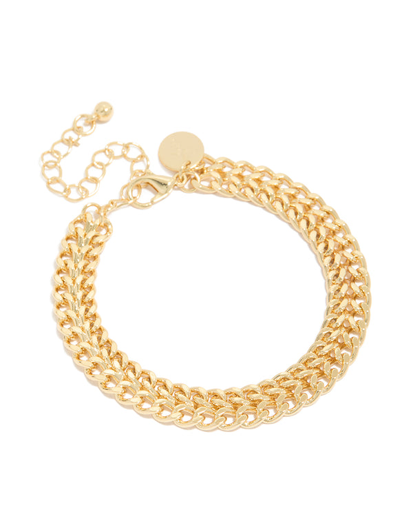 Showcasing a double flat curb chain bracelet in gold plated front view