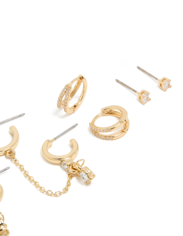 Gold Plated Cubic Zirconia Huggie & Chain Earrings 5-Pack