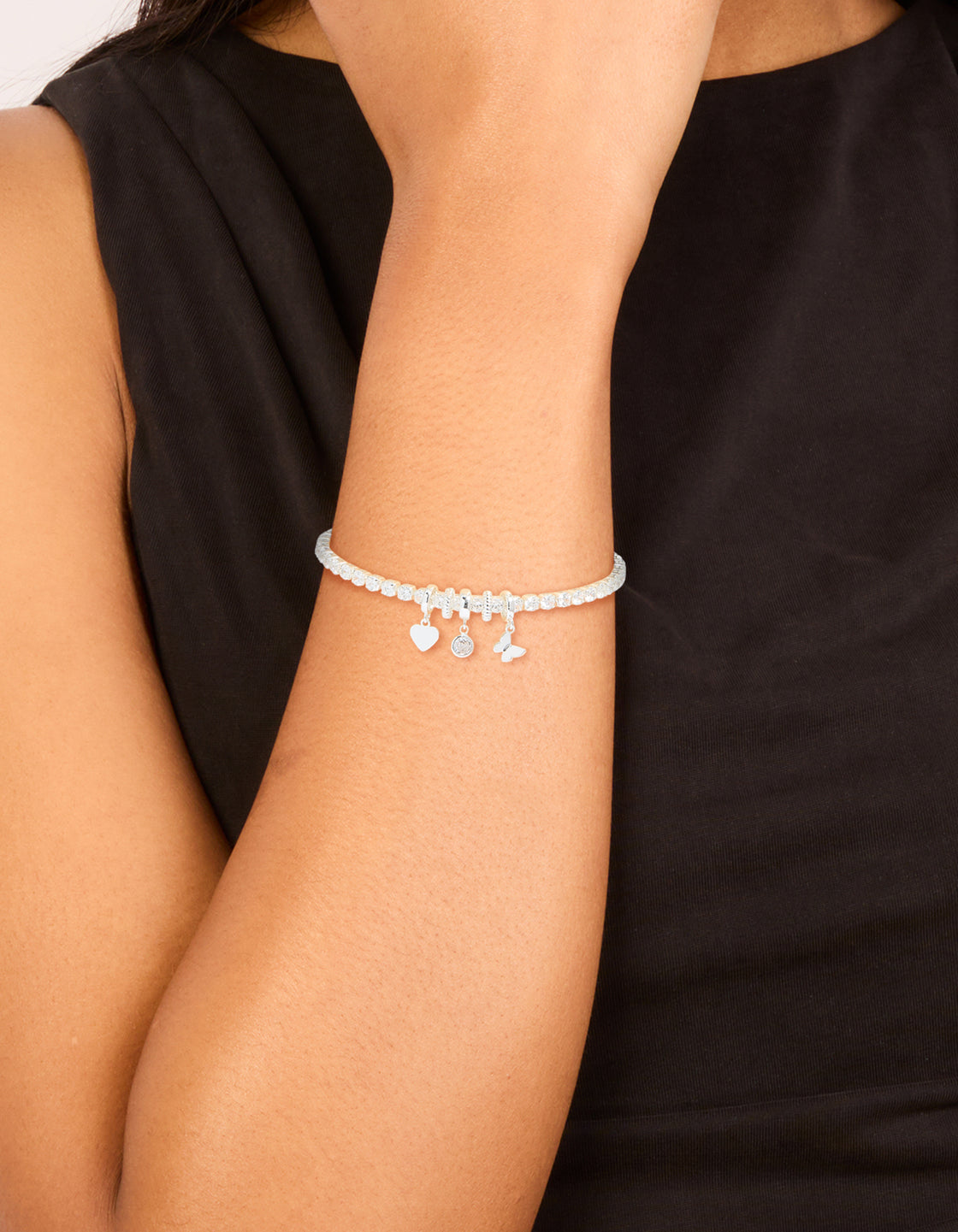 Silver Plated Cubic Zirconia Mixed Charm Tennis Bracelet