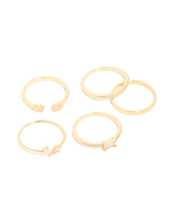 Showcasing gold plated open rectangular cubic zirconia rings 5-pack front view