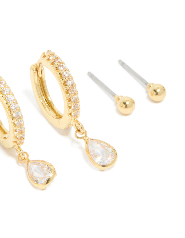 Gold Plated Brass Cubic Zirconia April Birthstone Earrings 4 Pack