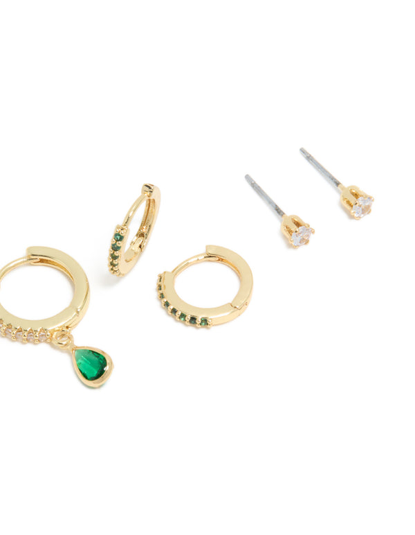 Beautiful dainty gold plated brass emerald cubic zirconia May birthstone earrings 4-pack with balls details, huggie and stud closure, and crystal green accents close up view