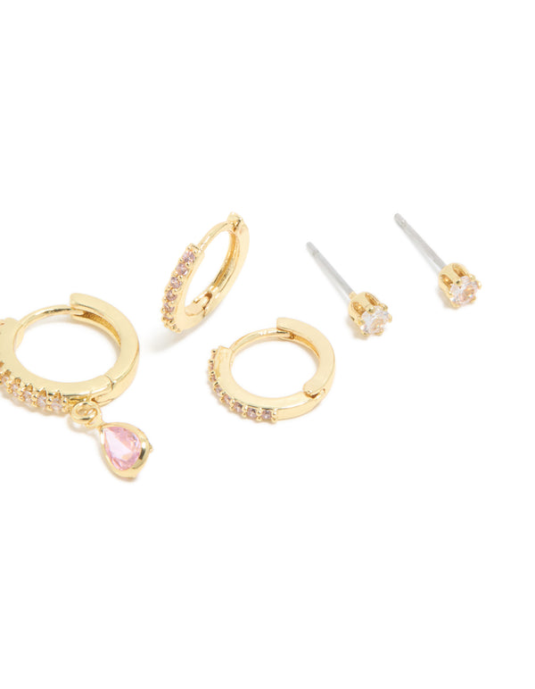 Highlighting dainty earrings in gold plated brass with cubic zirconia and pink tourmaline October birthstone , 4-pack set including balls stud and huggie closures post detail view