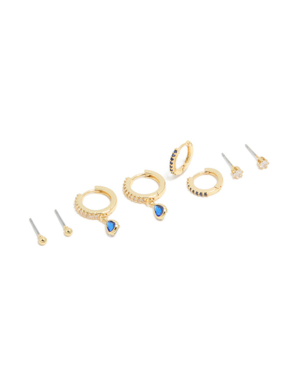 Gold Plated Brass Sapphire Cubic Zirconia September Birthstone Earrings 4-Pack