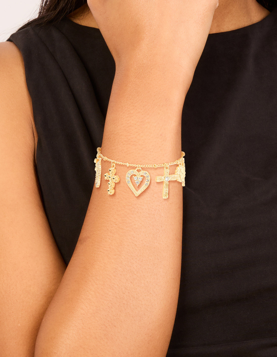 Gold Plated Diamante Large Cross & Heart Charms Bracelet