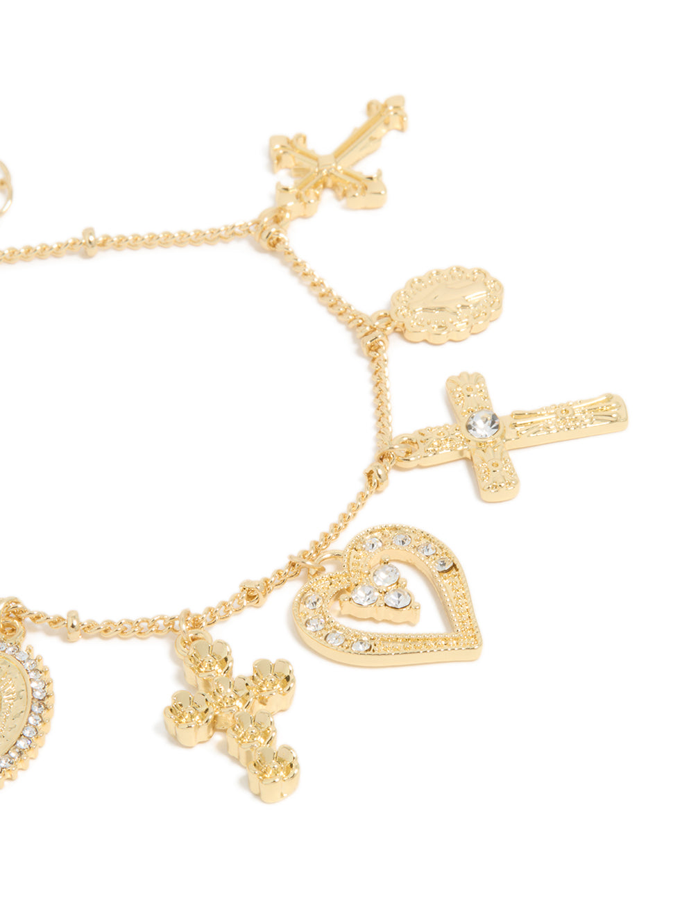 Gold Plated Diamante Large Cross & Heart Charms Bracelet