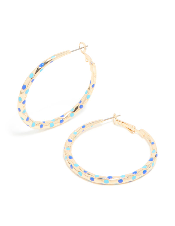 Gold Light & Dark Blue Enamel Dotted Large Thin Hoop Earrings