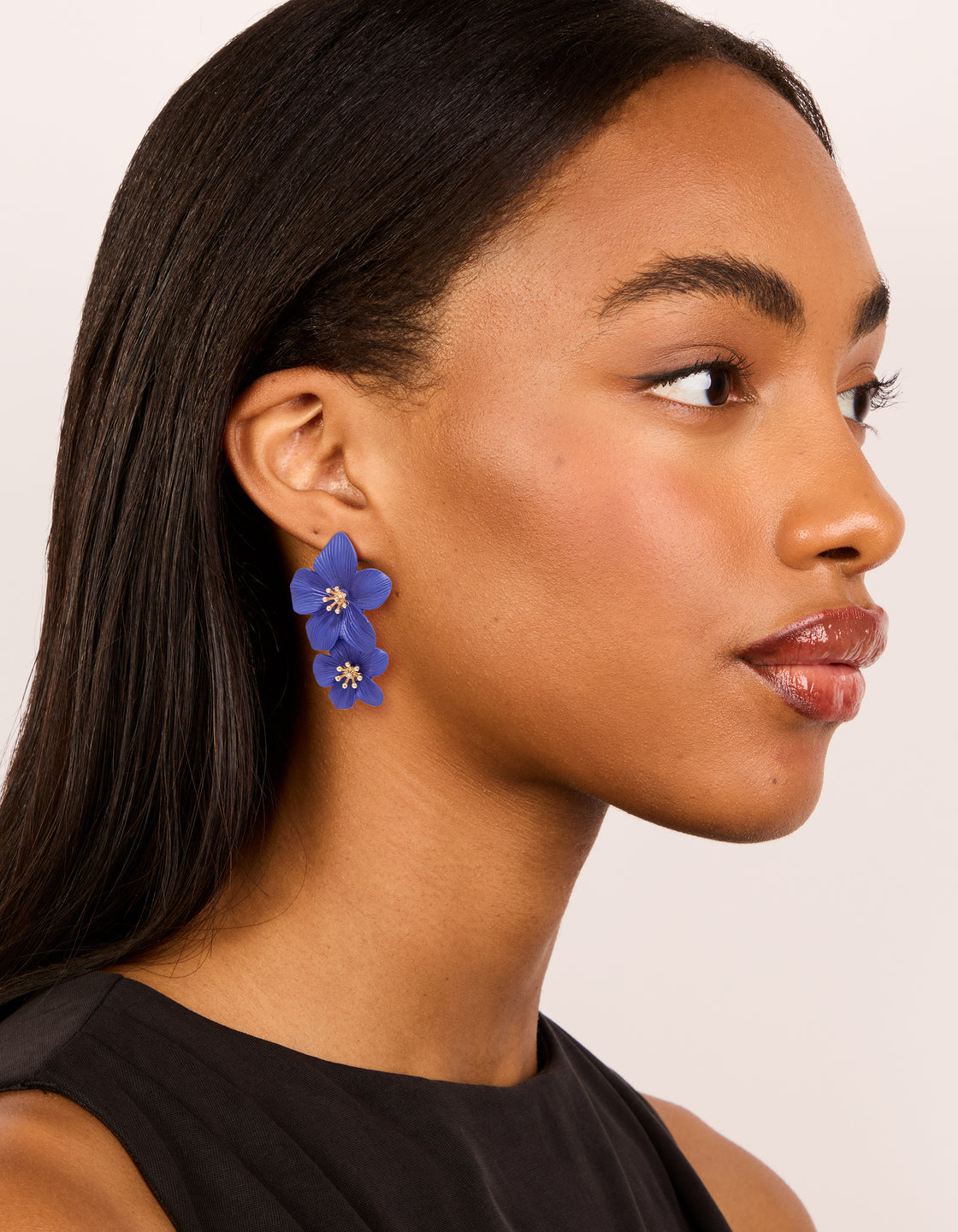 Dark Blue Double Layered Flower Drop Earrings