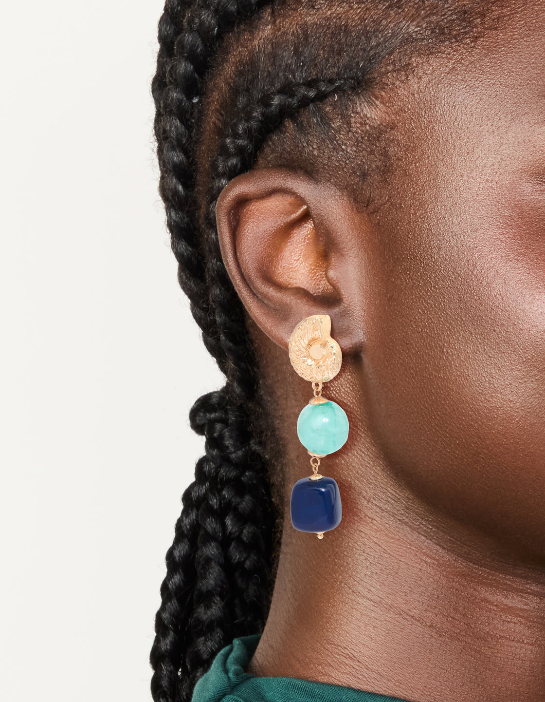Gold Shell & Blue Beaded Drop Earrings