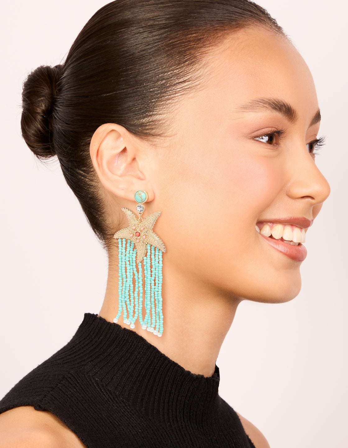 Gold Starfish & Turquoise Beaded Drop Earrings