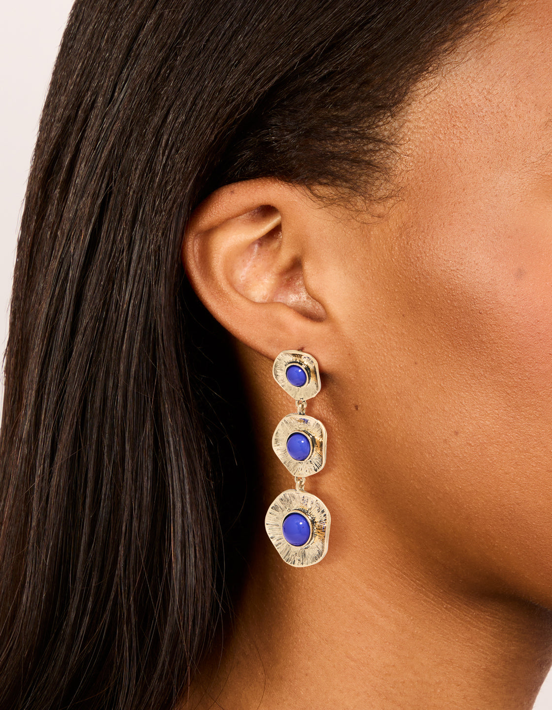 Antique Gold Textured Triple Blue Stone Layered Drop Earrings