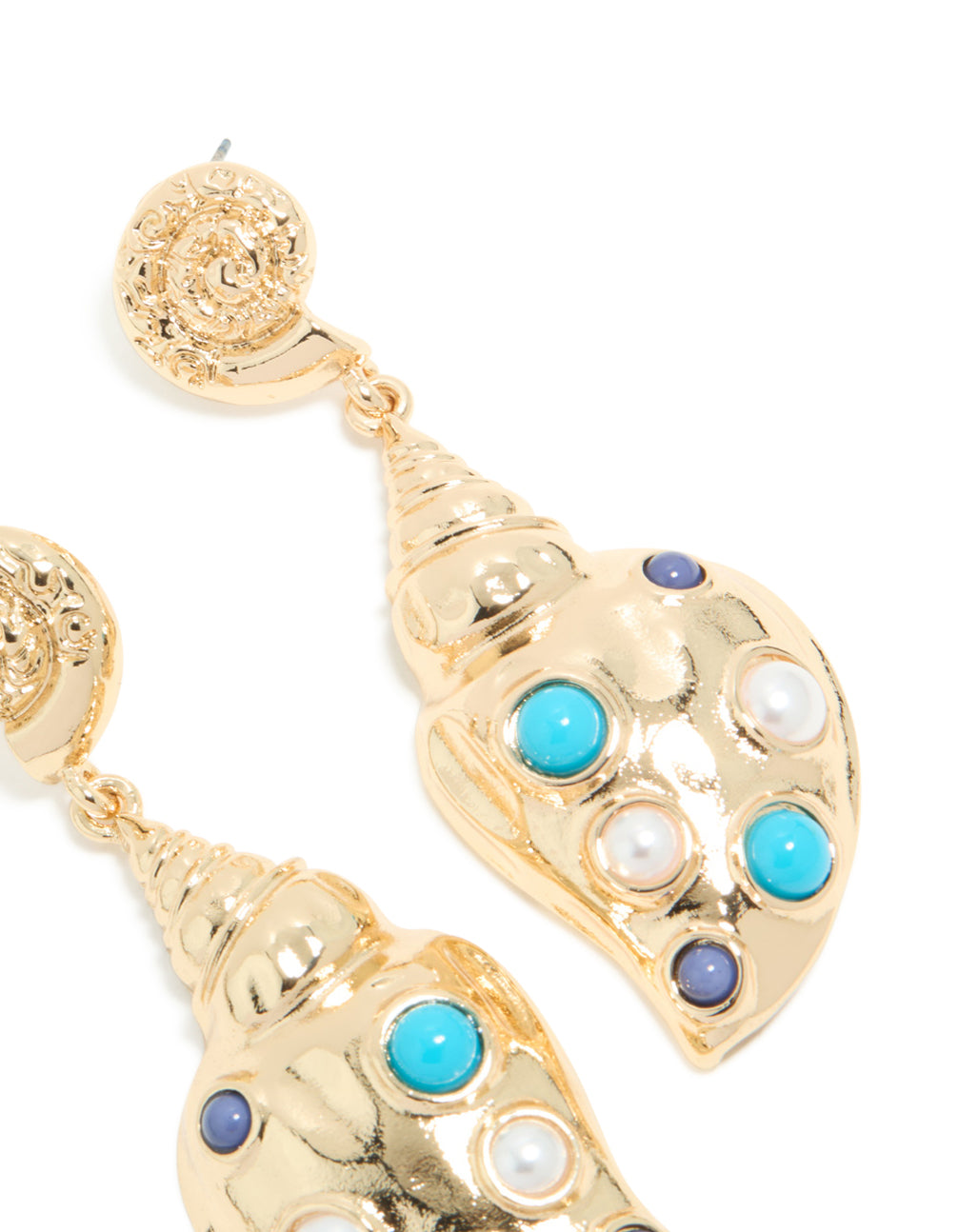 Gold Shell & Blue White Dotted Drop Earrings