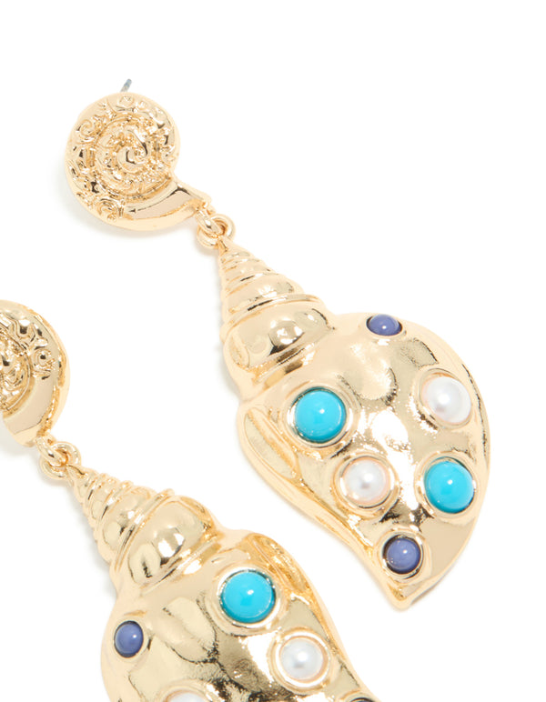 Gold Shell & Blue White Dotted Drop Earrings