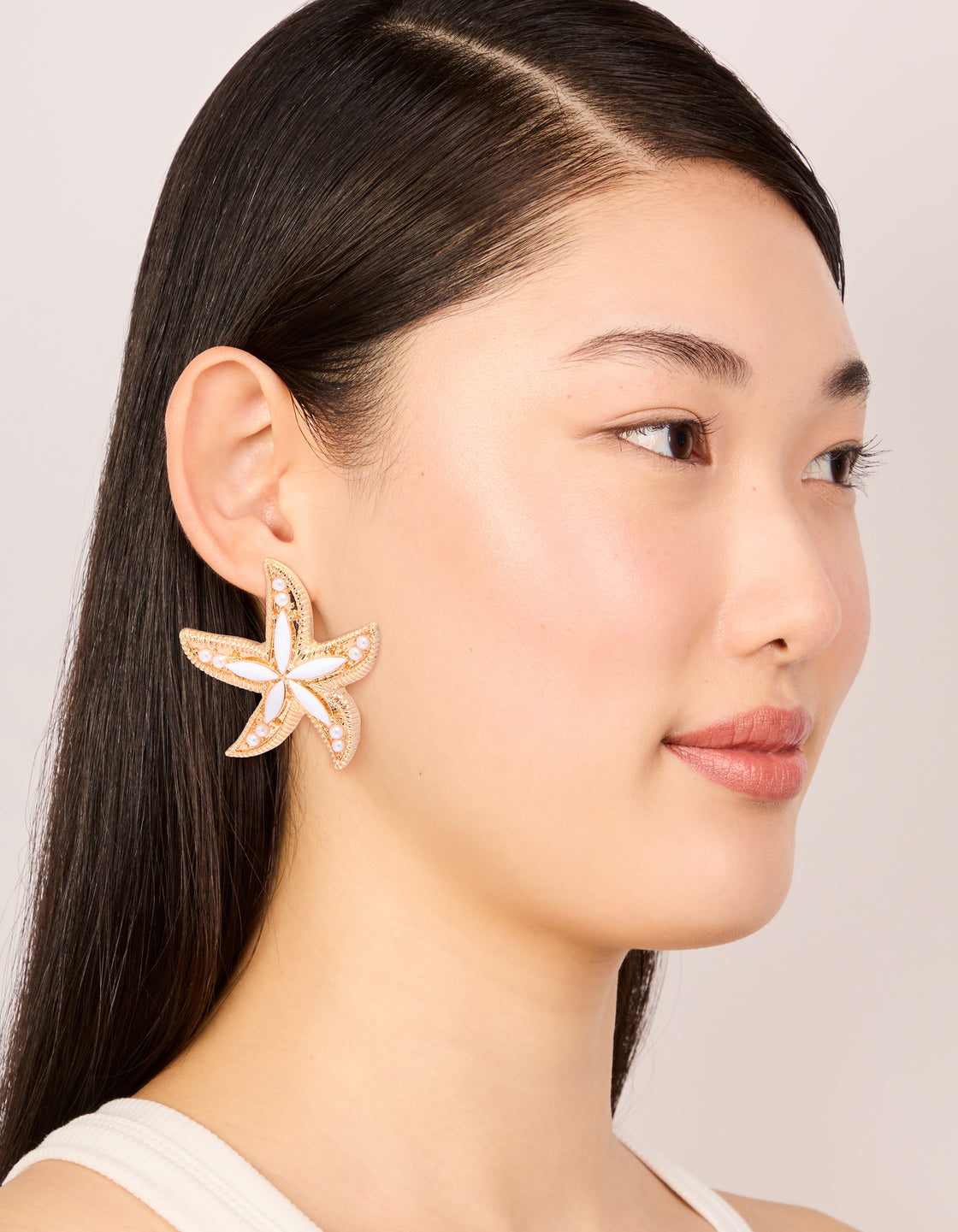 Gold White Acrylic Starfish Medallion Earrings